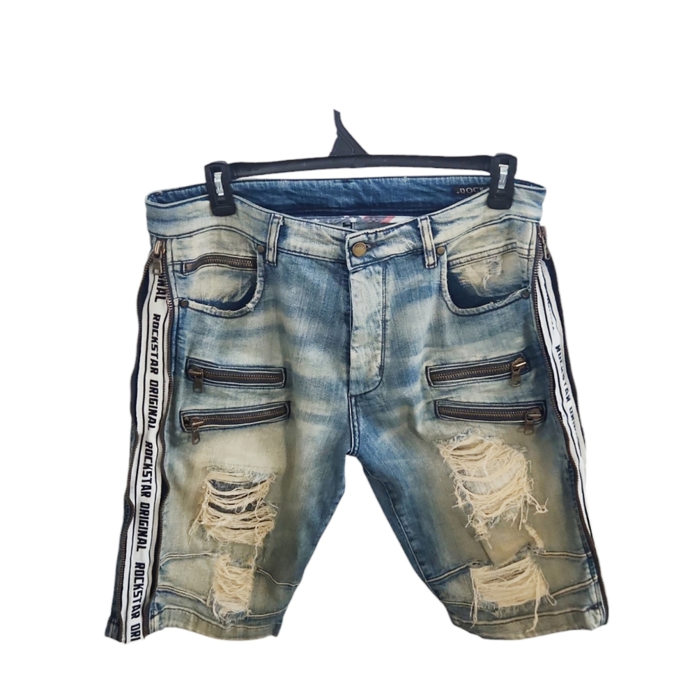 Rockstar Original Starship Trent Biker Denim Shorts Jean Spellout SZ 34  Men's S